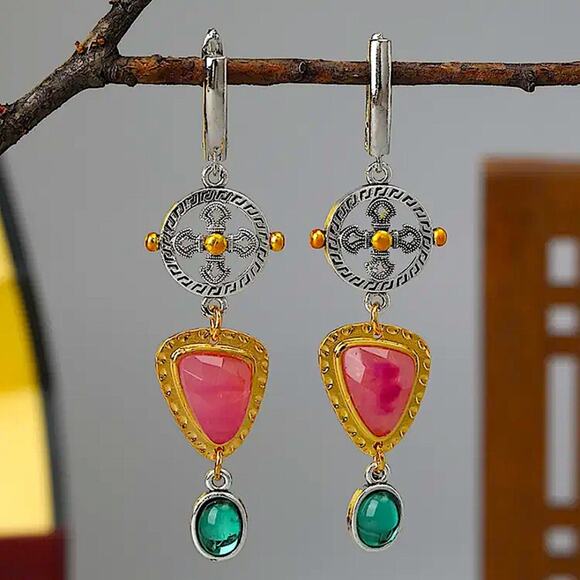 Tribal Pink, Green Stone Dangle Earrings Vintage Bohemian Boho - Picture 3 of 6